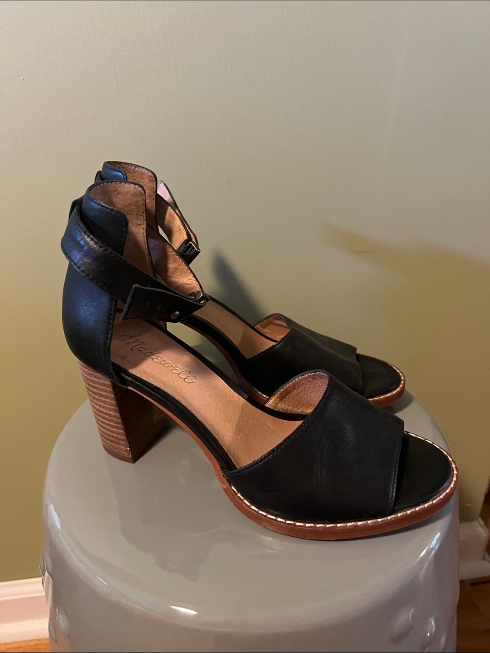 Madewell Black Leather Stacked Block Heel Sandals